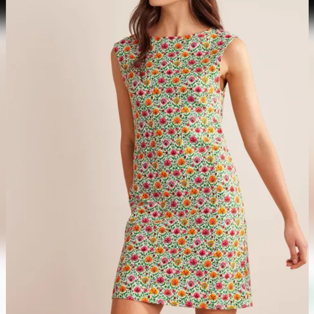 BODEN Sleeveless Jersey Shift Dress in Green Enchanting Bloom.